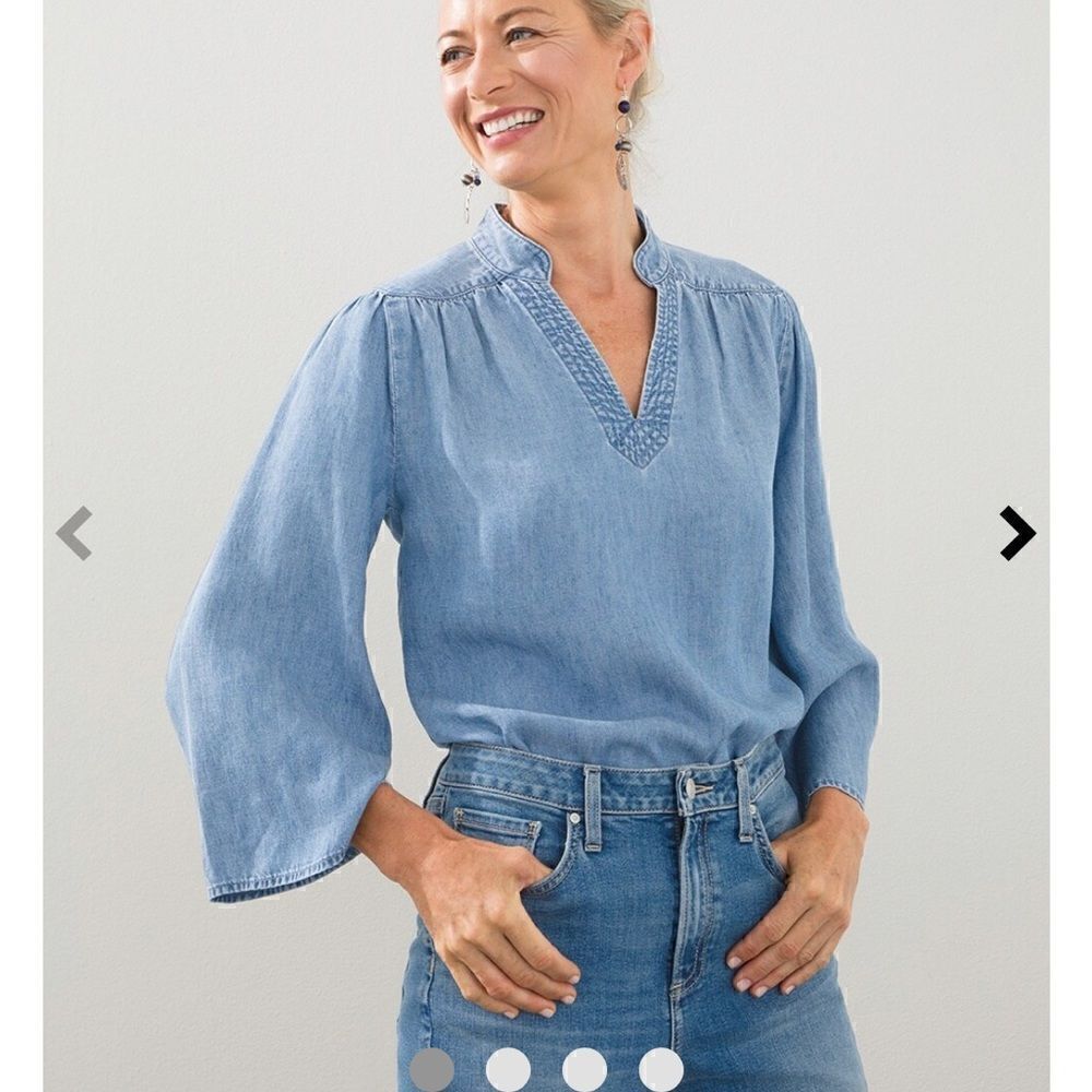 Chicos chambray top with bell sleeve. Size 16/18
